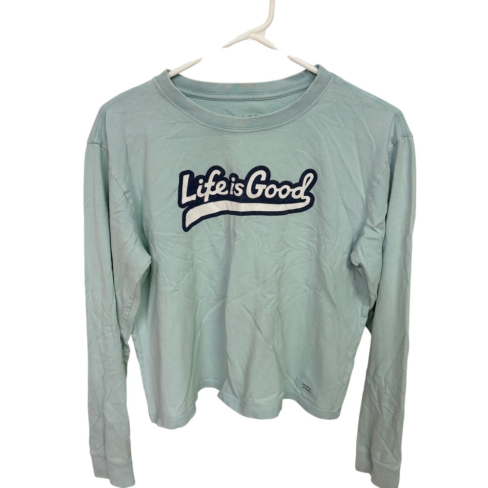 Life is Good Womens Crusher Tee Long Sleeve Light Blue Graphic Shirt Small